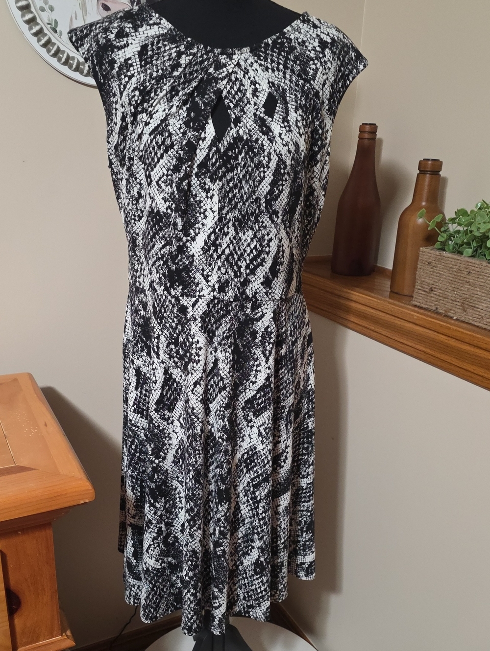 Black and White Snake-Print Fit & Flare Midi Dress